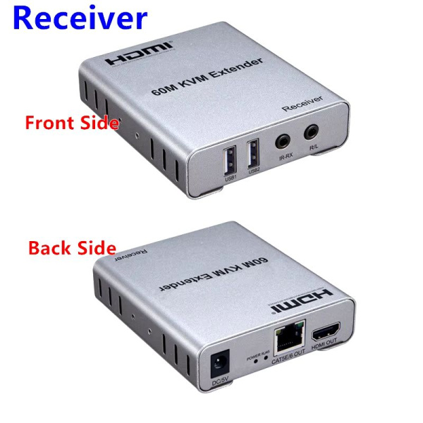 Адаптер - KVM-удлинитель HDMI по витой паре RJ45 UTP (LAN) до 60 метров, FullHD 1080p, комплект, черный Адаптер - KVM-удлинитель HDMI по витой паре RJ45 UTP (LAN) до 60 метров, FullHD 1080p, комплект, черный